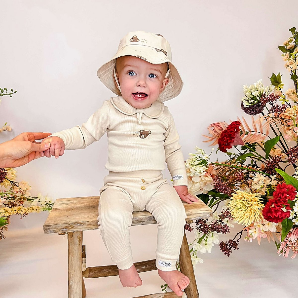 Teddy Baby Leggings | Rib Beige | Embroidered Bear